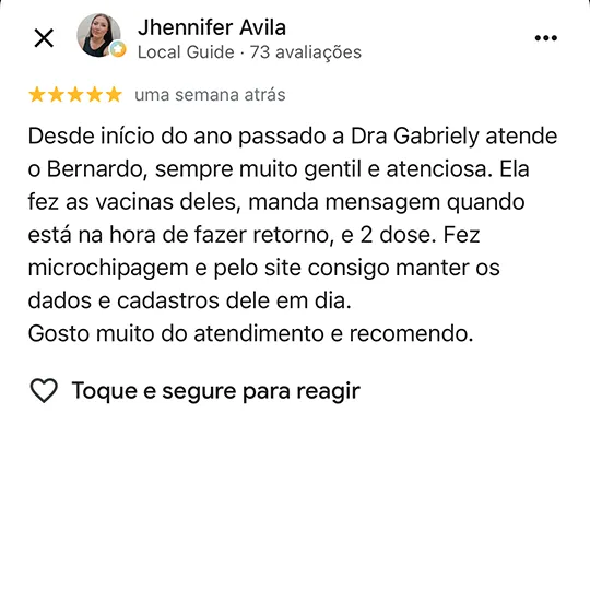 Avaliação de Jhenifer no Google